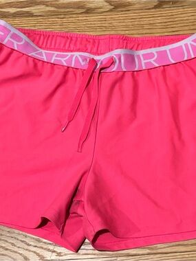 Under Armour Women's Bright Pink Athletic Shorts with Logo Waistband